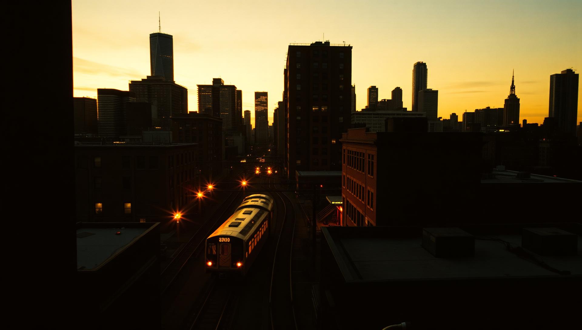 Chicago skyline at golden hour with the L train